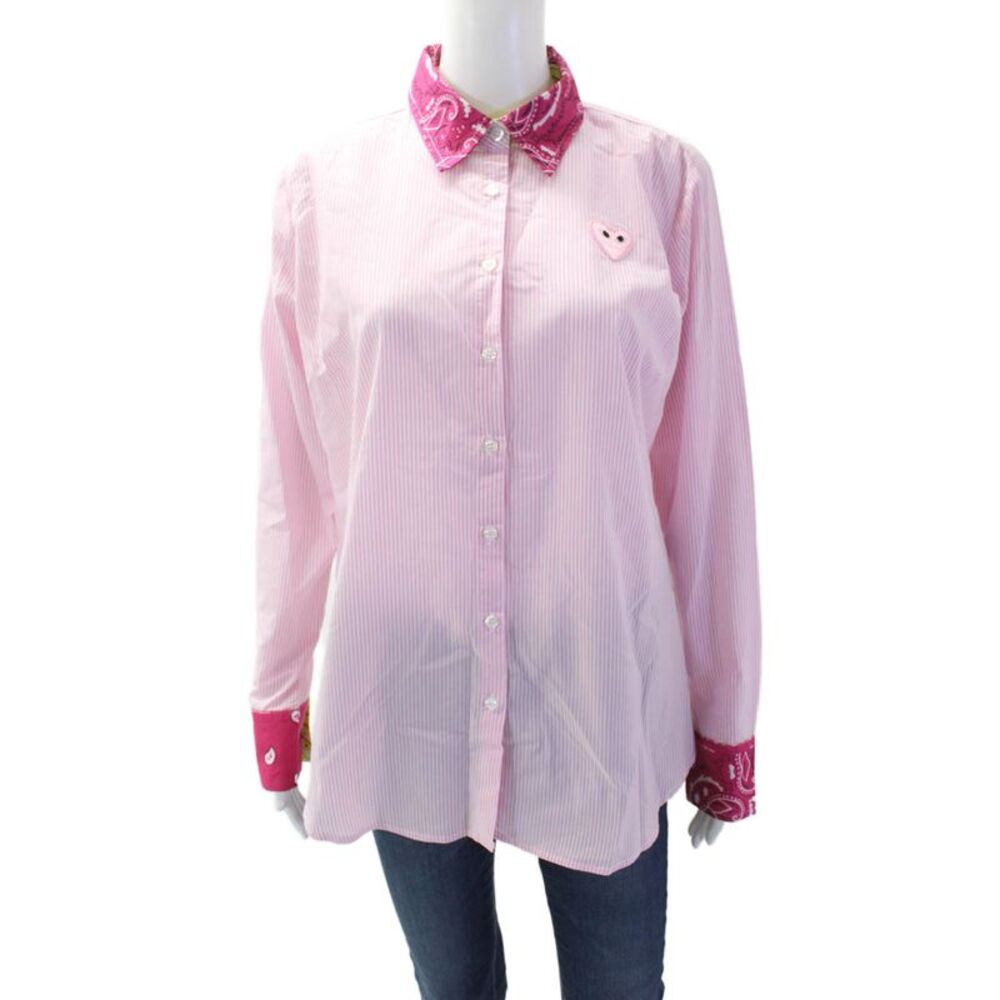 Romi Basha Women Pink Striped Paisley Collared Button-Up Cotton Top Size One